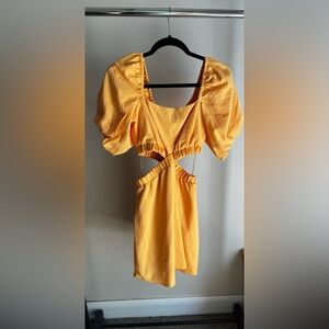 Yellow Puff Sleeve Cutout Dress